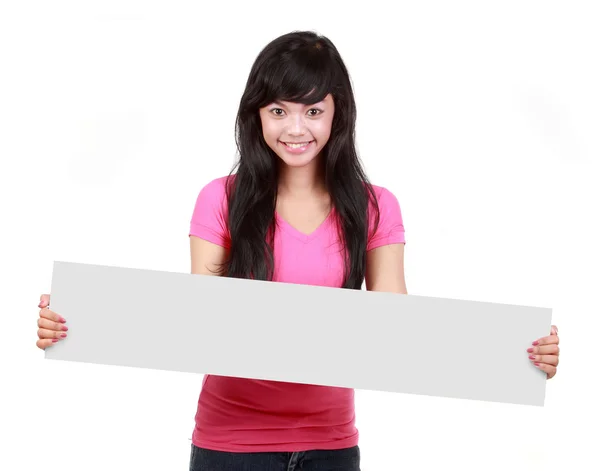 Portrait of a happy female holding blank white long card — Stock Photo, Image