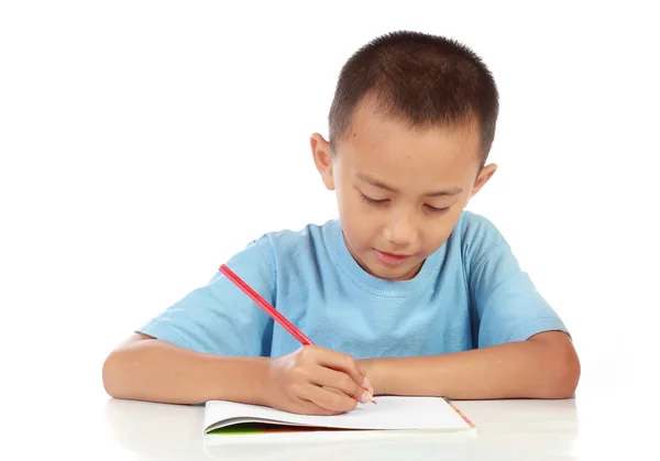 Portrait of young boy studying against white — Stock Photo, Image