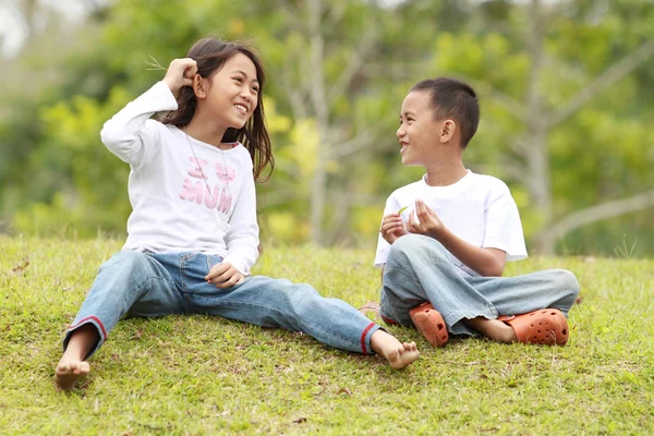 Zwei Kinder im Freien mit einem Plausch — Stockfoto