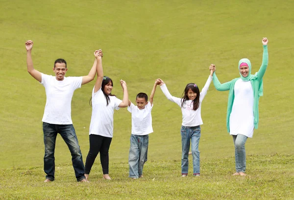Happy family raise hand together — Stock Photo, Image