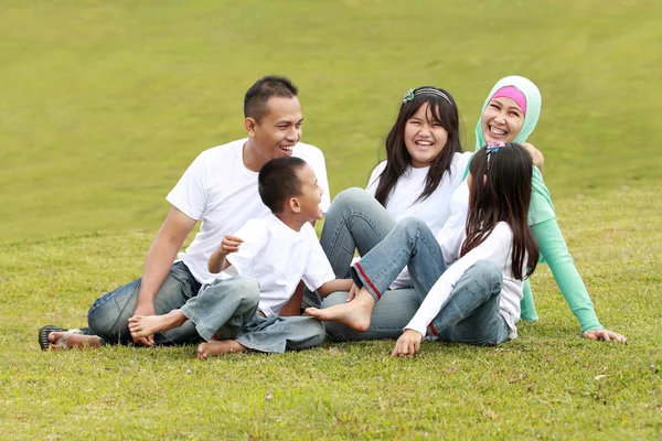 Счастливая большая семья в парке — стоковое фото