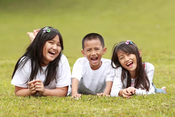 Niño feliz y las niñas tumbadas en una hierba verde —  Fotos de Stock