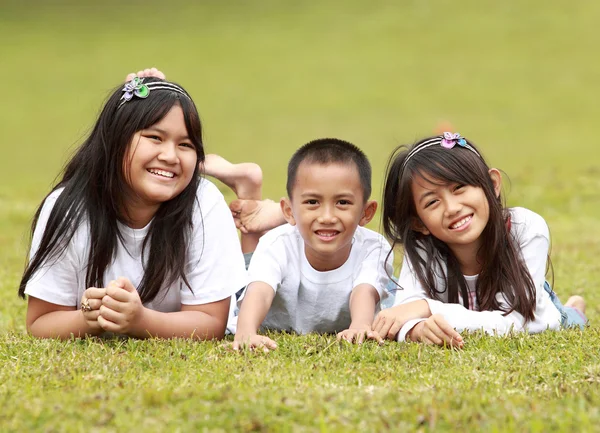 Porträt glücklicher Kinder, die im Gras liegen — Stockfoto