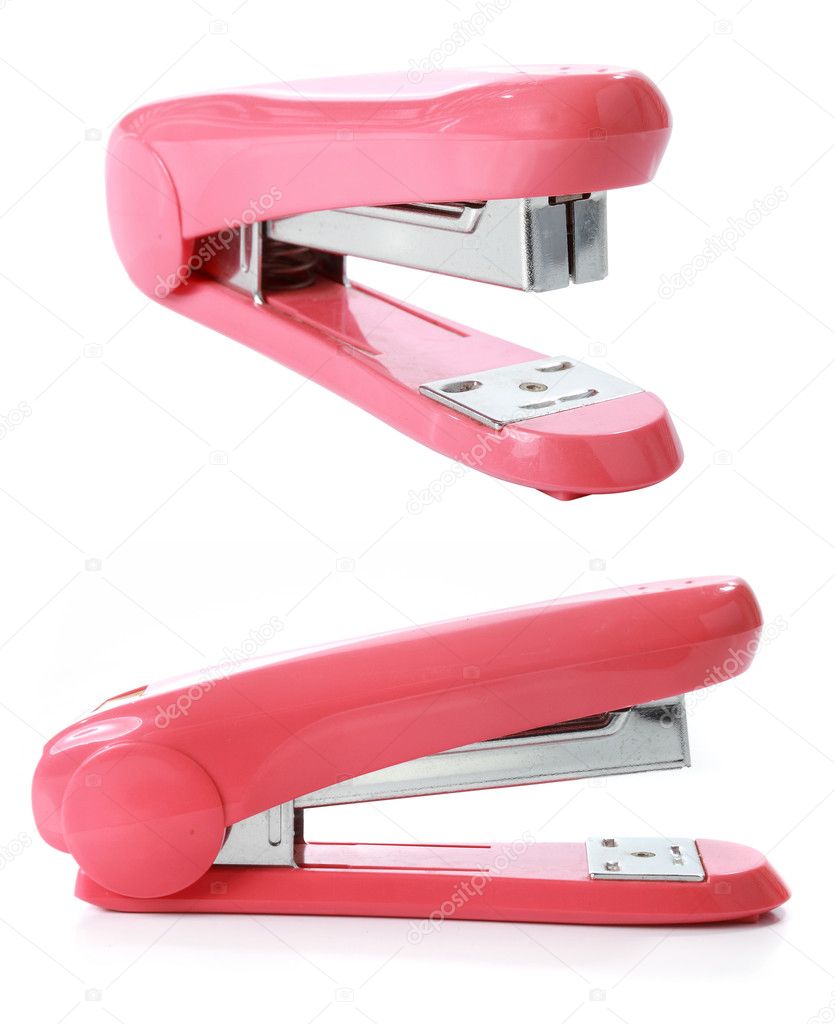 The pink stapler isolated over white