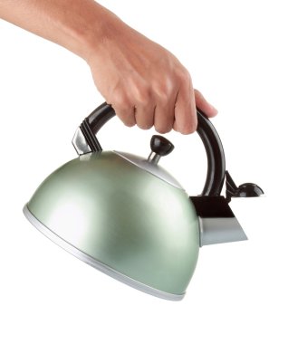 Man holding a chrome kettle clipart