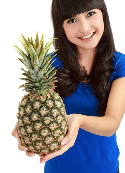 Portrait of a beautiful caucasian woman with pineapple — Stock Photo, Image