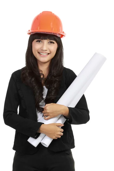 Arquiteta jovem com capacete laranja — Fotografia de Stock