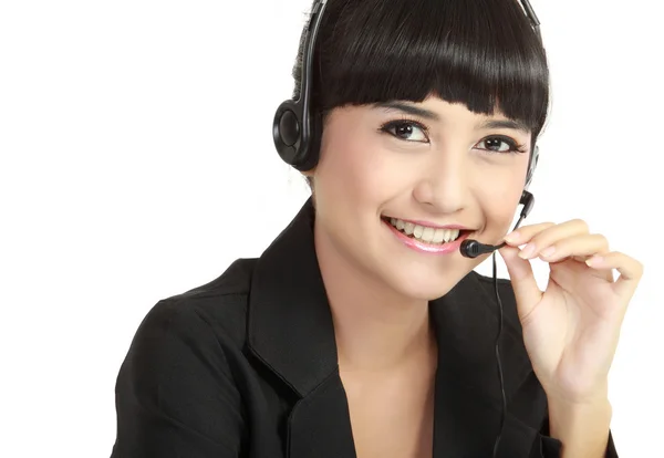 Retrato de feliz sorrindo alegre operador de telefone de apoio em hea — Fotografia de Stock