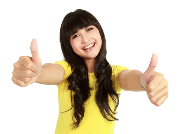 Mulher sorridente mostra dois polegares para cima — Fotografia de Stock