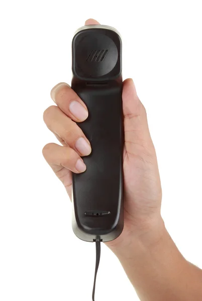 Ręka trzyma telefon czarny — Zdjęcie stockowe