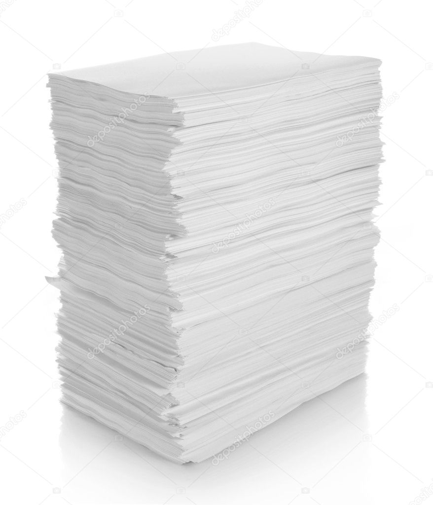 Close up of stack of papers on white background with clipping pa