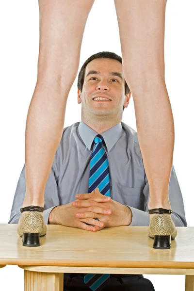 Businessman wondering at woman legs — Stock Photo, Image