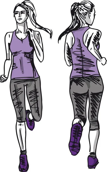 Sketch of female marathon runner, view of back and front. Vector — Stock Vector