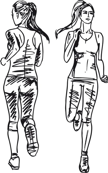 Schets van vrouwelijke marathonloper, weergave van rug en front. vector — Stockvector