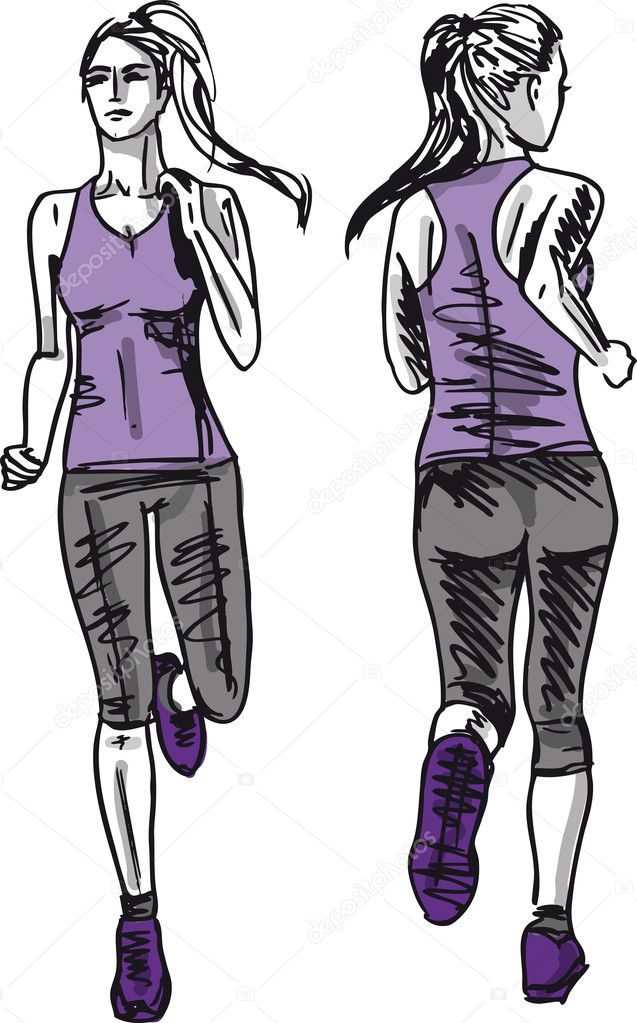 Sketch of female marathon runner, view of back and front. Vector