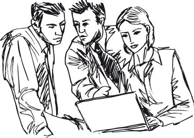 Sketch of successful business working with laptop at office