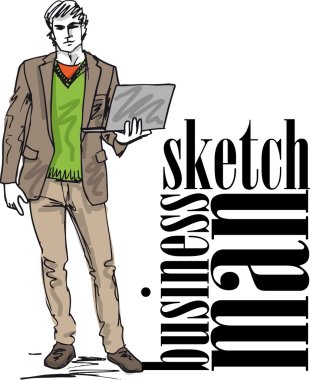 Sketch bir dizüstü bilgisayar ile moda yakışıklı adam. vektör çizim