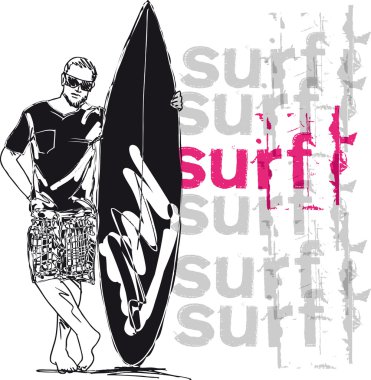 Sketch of man with surfboard. Vector illustration clipart