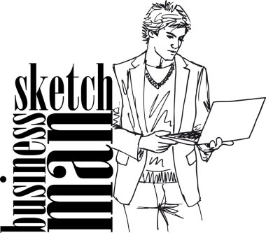 Sketch bir dizüstü bilgisayar ile moda yakışıklı adam. vektör çizim