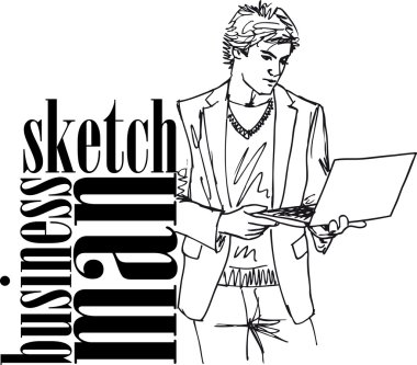 Sketch of fashion handsome man with laptop. Vector illustration clipart