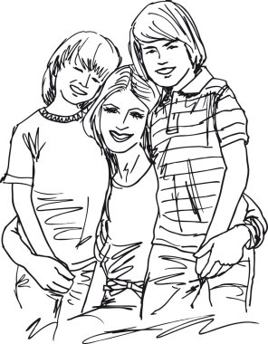 Sketch of Mother And Children Relaxing. Vector illustration clipart