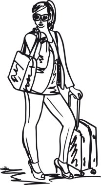 güzel bir genç kadının seyahat çantası ile kroki.
