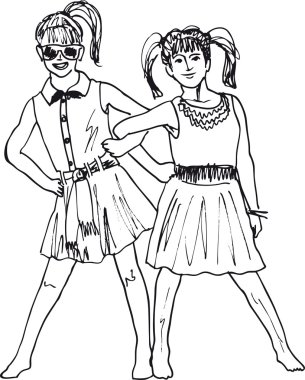 Sketch of two happy little girls having fun. Vector illustration clipart