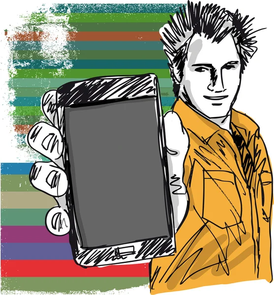 Schizzo di bel ragazzo che mostra il suo Smartphone moderno . — Vettoriale Stock