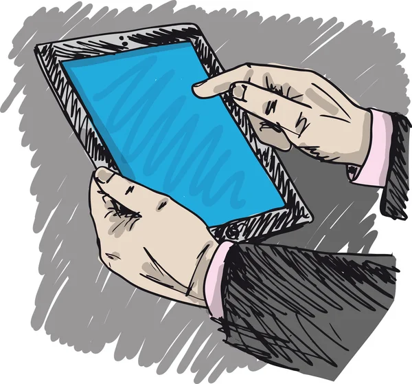 Schizzo di mani uomo d'affari stanno puntando sul dispositivo touch screen . — Vettoriale Stock
