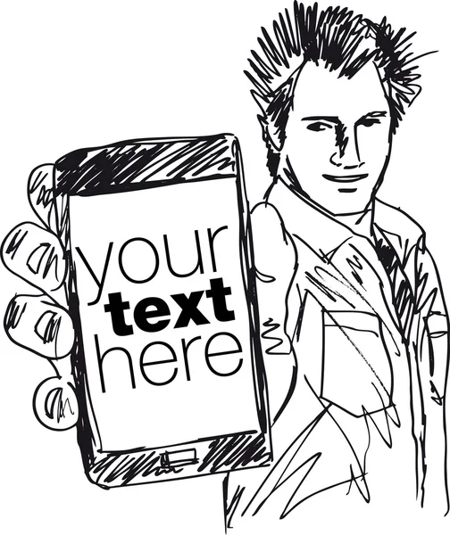 草绘的帅哥显示他现代智能手机. — 图库矢量图片
