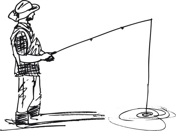 草绘的渔夫与杆。矢量插画 — 图库矢量图片