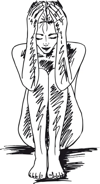 Sketsa wanita telanjang menyentuh kepalanya. Ilustrasi vektor - Stok Vektor