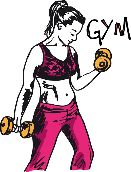 Σκίτσο του μια γυναίκα που εργάζεται στο γυμναστήριο με βάρη αλτήρων. — Διανυσματικό Αρχείο
