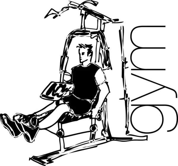 Schiță de om folosind mașină de tragere în sala de gimnastică. Ilustrație vectorială — Vector de stoc