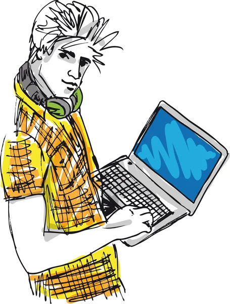 Sketch of Young man with laptop. Vector illustration — Stock Vector