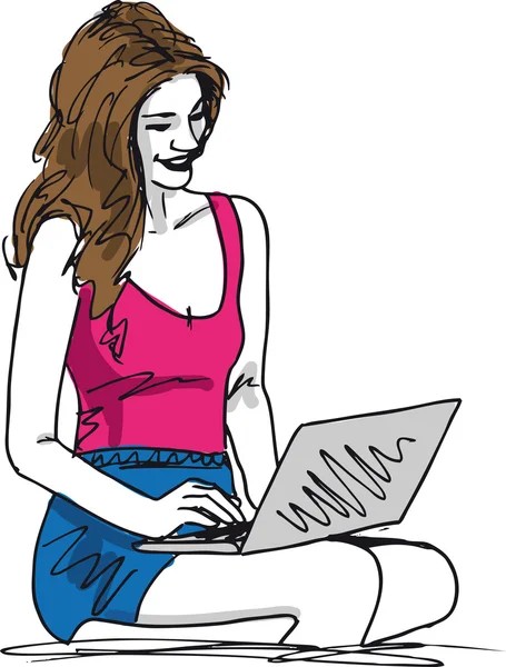 Эскиз молодой женщины с ноутбуком. Векторная иллюстрация — стоковый вектор