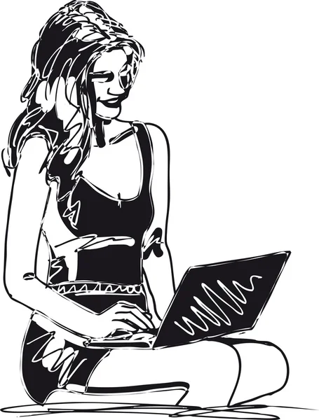 Schizzo di Giovane donna con computer portatile. Illustrazione vettoriale — Vettoriale Stock