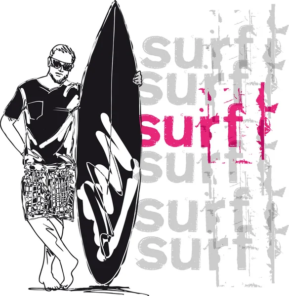 Эскиз человека с доской для сёрфинга. Векторная иллюстрация — стоковый вектор
