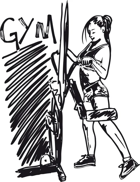 Schizzo di una donna che si allena in palestra con manubri . — Vettoriale Stock