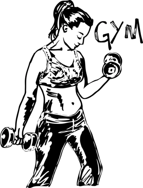 Bosquejo de una mujer haciendo ejercicio en el gimnasio con pesas de mancuerna . — Vector de stock