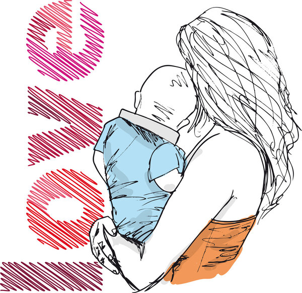 Sketch of mom and baby, vector illustration