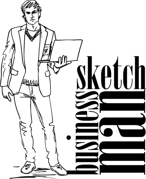 Sketch of fashion handsome man with laptop. Vector illustration — Stock Vector