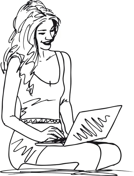 Dizüstü bilgisayar ile genç kadının eskiz. vektör çizim — Stok Vektör