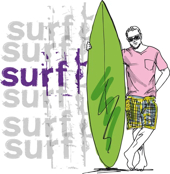 Schets van de mens met surfboard. vectorillustratie — Stockvector