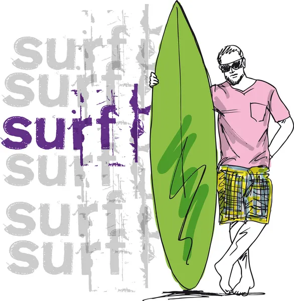 Schizzo dell'uomo con tavola da surf. Illustrazione vettoriale — Vettoriale Stock