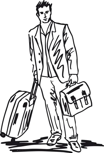 Σκίτσο του ένας επιτυχημένος νεαρός άνδρας με τσάντα ταξιδιού. — Διανυσματικό Αρχείο