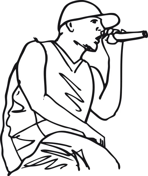 Bosquejo de cantante de hip hop cantando en un micrófono . — Vector de stock