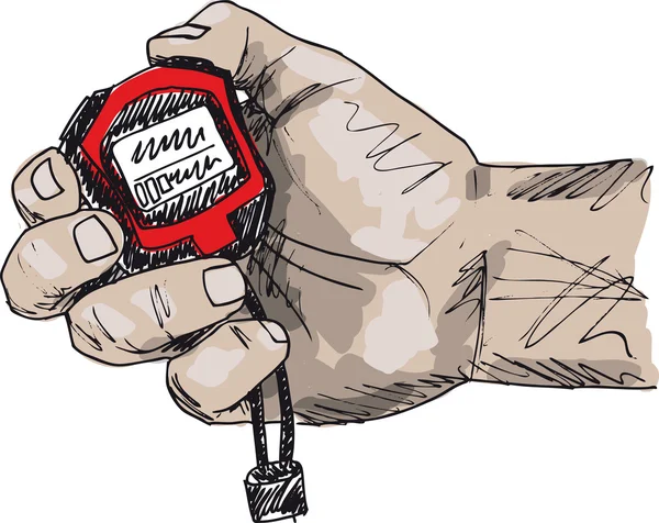 Σκίτσο του αρσενικό χέρι που κρατά ένα χρονόμετρο με διακόπτη. εικονογράφηση φορέας — Διανυσματικό Αρχείο
