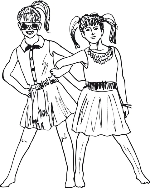 Dibujo de dos niñas felices divirtiéndose. Ilustración vectorial — Vector de stock