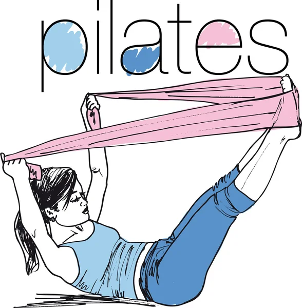 Skizze von Pilates Frau Gummi-Widerstandsband Fitness-Sport-Studio — Stockvektor
